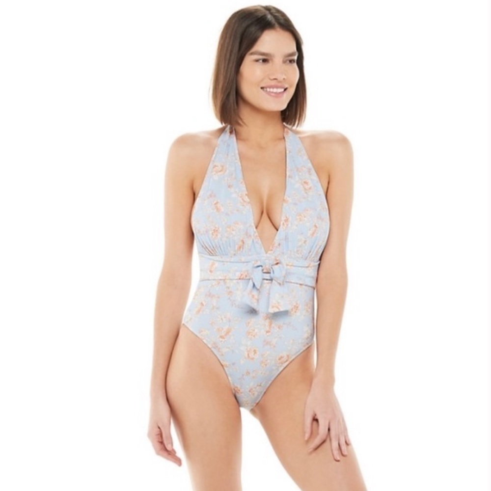 We Wore What- “Brooklyn” Pastel Floral Halter One Piece Swimsuit